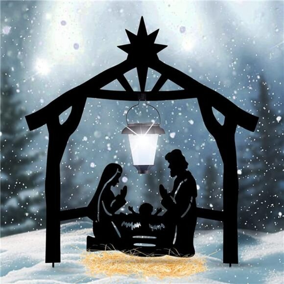Holy Family Nativity Shadow Garden Stakes with Solar Lantern Nativity Scene - Picture 2 of 5